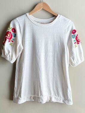 LOFT Cream Puff Sleeve Top with Pink & Teal Floral Embroidery